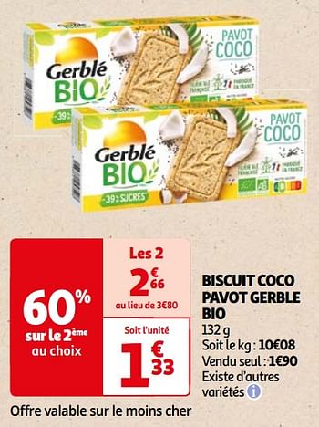 Promoties Biscuit coco pavot gerble bio - Gerblé - Geldig van 22/05/2024 tot 03/06/2024 bij Auchan