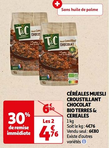 Promoties Céréales muesli croustillant chocolat bio terres + cereales - Huismerk - Auchan - Geldig van 22/05/2024 tot 03/06/2024 bij Auchan