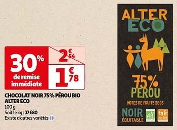Promoties Chocolat noir 75% pérou bio alter eco - Huismerk - Auchan - Geldig van 22/05/2024 tot 03/06/2024 bij Auchan