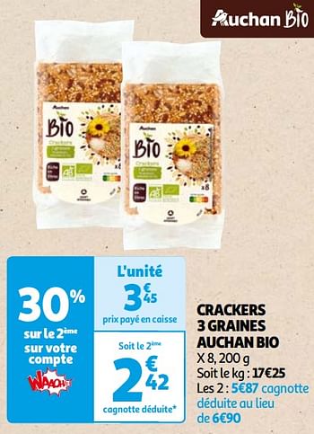 Promoties Crackers 3 graines auchan bio - Huismerk - Auchan - Geldig van 22/05/2024 tot 03/06/2024 bij Auchan