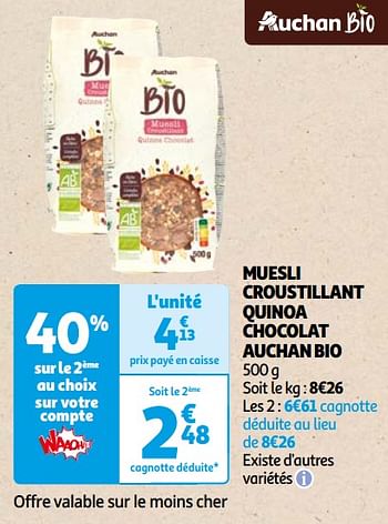 Promoties Muesli croustillant quinoa chocolat auchan bio - Huismerk - Auchan - Geldig van 22/05/2024 tot 03/06/2024 bij Auchan