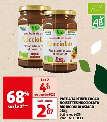 Promoties Pâte à tartiner cacao noisettes nocciolata bio rigoni di asiago - Rigoni di Asiago - Geldig van 22/05/2024 tot 03/06/2024 bij Auchan
