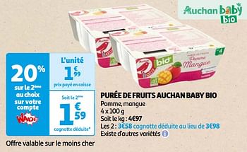 Promoties Purée de fruits auchan baby bio - Huismerk - Auchan - Geldig van 22/05/2024 tot 03/06/2024 bij Auchan