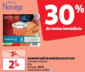 Promotions Saumon fumé de norvège delpeyrat - Delpeyrat - Valide de 22/05/2024 à 27/05/2024 chez Auchan Ronq
