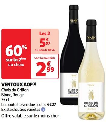Promotions Ventoux aop chais du grillon blanc, rouge - Vins blancs - Valide de 22/05/2024 à 27/05/2024 chez Auchan Ronq