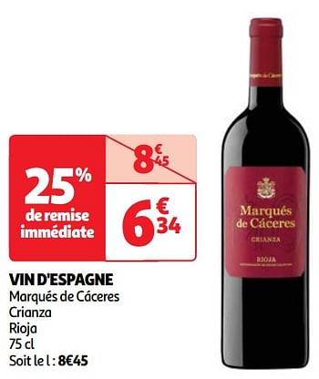Promotions Vin d`espagne marqués de cáceres crianza rioja - Vins rouges - Valide de 22/05/2024 à 27/05/2024 chez Auchan Ronq