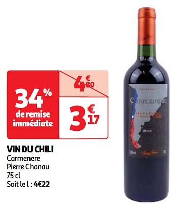 Promotions Vin du chili carmenere pierre chanau - Vins rouges - Valide de 22/05/2024 à 27/05/2024 chez Auchan Ronq