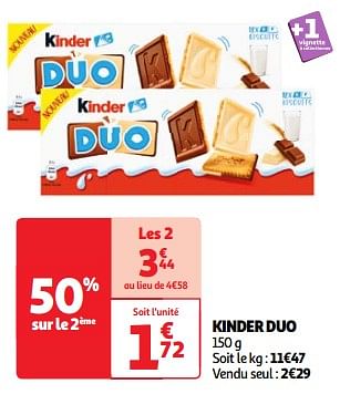 Promotions Kinder duo - Kinder - Valide de 22/05/2024 à 27/05/2024 chez Auchan Ronq