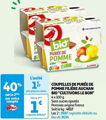 Promotions Coupelles de purée de pomme filière auchan bio - Produit Maison - Auchan Ronq - Valide de 22/05/2024 à 03/06/2024 chez Auchan Ronq