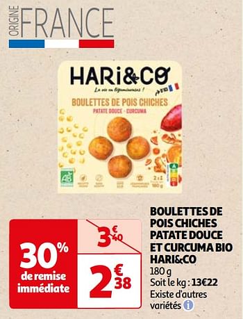 Promotions Boulettes de pois chiches patate douce et curcuma bio hari+co - Hari&Co - Valide de 22/05/2024 à 03/06/2024 chez Auchan Ronq