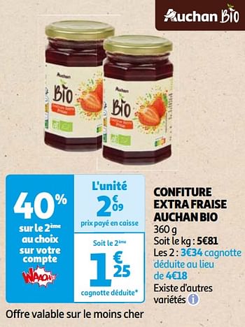Promotions Confiture extra fraise auchan bio - Produit Maison - Auchan Ronq - Valide de 22/05/2024 à 03/06/2024 chez Auchan Ronq