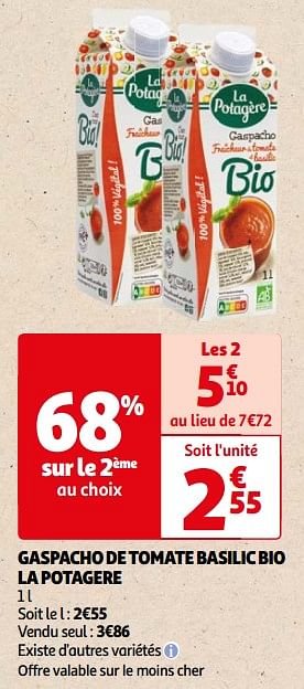 Promotions Gaspacho de tomate basilic bio la potagere - La Potagére - Valide de 22/05/2024 à 03/06/2024 chez Auchan Ronq