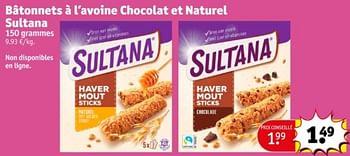 Promotions Bâtonnets à l`avoine chocolat et naturel sultana - Sultana - Valide de 21/05/2024 à 26/05/2024 chez Kruidvat