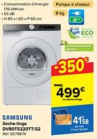 Promotions Samsung sèche-linge dv80t5220tt-s2 - Samsung - Valide de 22/05/2024 à 03/06/2024 chez Carrefour