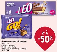 Promotions Gaufrettes enrobées de chocolat milka - leo go! mini - Milka - Valide de 23/05/2024 à 29/05/2024 chez Delhaize