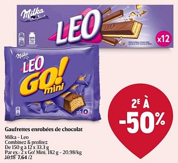 Promotions Gaufrettes enrobées de chocolat milka - leo go! mini - Milka - Valide de 23/05/2024 à 29/05/2024 chez Delhaize