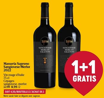 Promotions Masseria supreno sangiovese-merlot - Vins rouges - Valide de 23/05/2024 à 29/05/2024 chez Delhaize