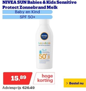 Promoties Nivea sun babies + kids sensitive protect zonnebrand melk spf 50+ - Nivea - Geldig van 21/05/2024 tot 26/05/2024 bij Bol.com
