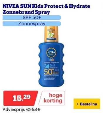 Promoties Nivea sun kids protect + hydrate zonnebrand spray spf 50+ - Nivea - Geldig van 21/05/2024 tot 26/05/2024 bij Bol.com