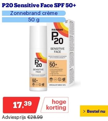Promoties P20 sensitive face spf 50+ zonnebrand creme - P20 - Geldig van 21/05/2024 tot 26/05/2024 bij Bol.com
