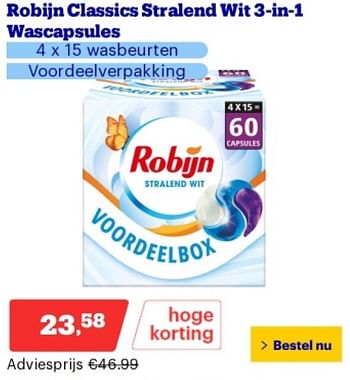 Promoties Robijn classics stralend wit 3-in-1 wascapsules - Robijn - Geldig van 21/05/2024 tot 26/05/2024 bij Bol.com