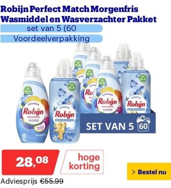 Promoties Robijn perfect match morgentfris wasmiddel en wasverzachter pakket - Robijn - Geldig van 21/05/2024 tot 26/05/2024 bij Bol.com