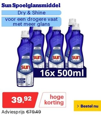 Promoties Sun spoelglansmiddel dry + shine - Sun - Geldig van 21/05/2024 tot 26/05/2024 bij Bol.com