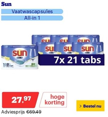 Promoties Sun vaatwascapsules all-in 1 - Sun - Geldig van 21/05/2024 tot 26/05/2024 bij Bol.com