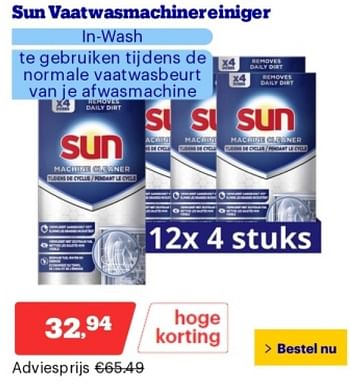 Promoties Sun vaatwasmachinereiniger in wash - Sun - Geldig van 21/05/2024 tot 26/05/2024 bij Bol.com