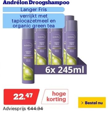 Promoties Andrelon droogshampoo langer fris - Andrelon - Geldig van 21/05/2024 tot 26/05/2024 bij Bol.com