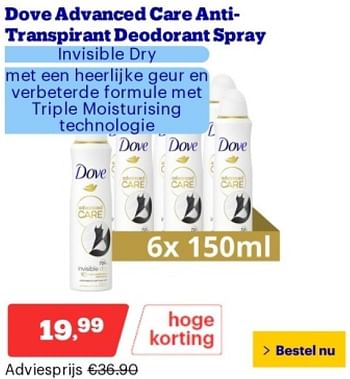 Promoties Dove advanced care anti transpirant deodorant spray invisible dry - Dove - Geldig van 21/05/2024 tot 26/05/2024 bij Bol.com