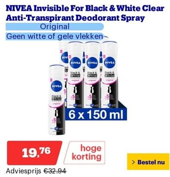 Promoties Nivea invisible for black + white clear anti transpirant deodorant spray original - Nivea - Geldig van 21/05/2024 tot 26/05/2024 bij Bol.com