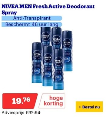 Promoties Nivea men fresh active deodorant spray anti transpirant - Nivea - Geldig van 21/05/2024 tot 26/05/2024 bij Bol.com