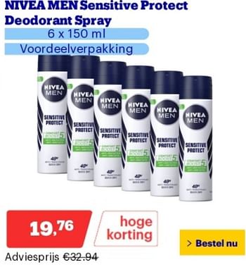 Promoties Nivea men sensitive protect deodorant spray - Nivea - Geldig van 21/05/2024 tot 26/05/2024 bij Bol.com