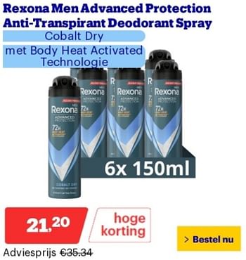Promoties Rexona men advanced protection anti transpirant deodorant spray cobalt dry - Rexona - Geldig van 21/05/2024 tot 26/05/2024 bij Bol.com