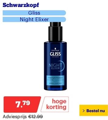 Promoties Schwarzkopf gliss night elixer - Schwarzkopf - Geldig van 21/05/2024 tot 26/05/2024 bij Bol.com