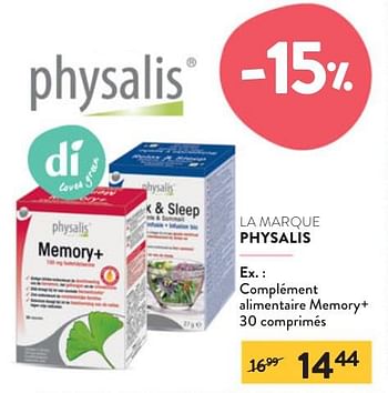 Promotions Complément alimentaire memory+ 30 comprimés - Physalis - Valide de 22/05/2024 à 04/06/2024 chez DI
