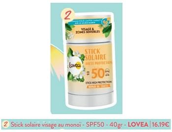Promotions Stick solaire visage au monoï - spf50 - lovea - Lovea - Valide de 22/05/2024 à 04/06/2024 chez DI