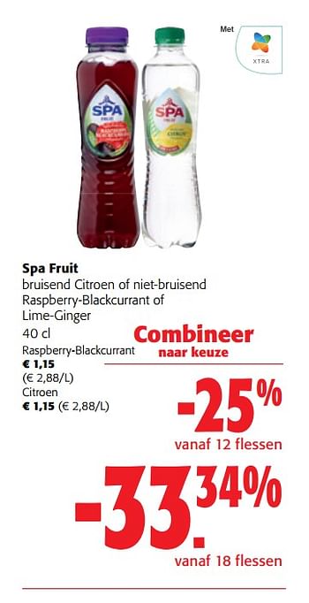 Promoties Spa fruit bruisend citroen of niet-bruisend raspberry-blackcurrant of lime-ginger - Spa - Geldig van 22/05/2024 tot 04/06/2024 bij Colruyt