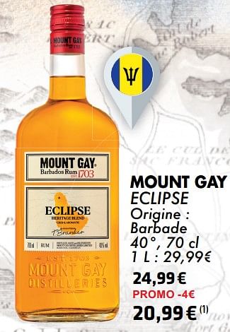 Promotions Mount gay eclipse - Mount Gay - Valide de 21/05/2024 à 10/06/2024 chez Cora