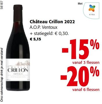 Promoties Château crillon 2022 a.o.p. ventoux - Rode wijnen - Geldig van 22/05/2024 tot 04/06/2024 bij Colruyt
