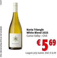 Promoties Korta triangle white blend 2023 curico valley - chili - Witte wijnen - Geldig van 22/05/2024 tot 04/06/2024 bij Colruyt