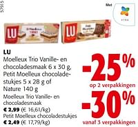 Promoties Lu moelleux trio vanille- en chocoladesmaak petit moelleux choco ladestukjes of nature - Lu - Geldig van 22/05/2024 tot 04/06/2024 bij Colruyt