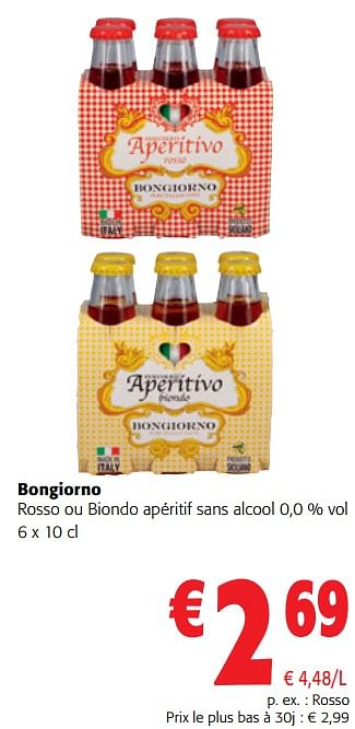 Promotions Bongiorno rosso ou biondo apéritif sans alcool 0,0 % vol - Bon Giorno - Valide de 22/05/2024 à 04/06/2024 chez Colruyt