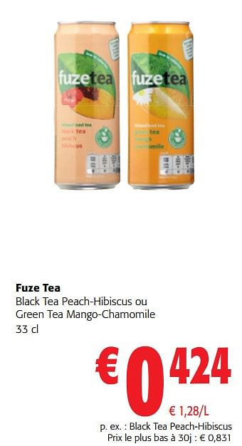 Promotions Fuze tea black tea peach-hibiscus ou green tea mango-chamomile - FuzeTea - Valide de 22/05/2024 à 04/06/2024 chez Colruyt