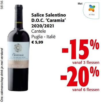 Promoties Salice salentino d.o.c. caramia 2020-2021 cantele - Rode wijnen - Geldig van 22/05/2024 tot 04/06/2024 bij Colruyt