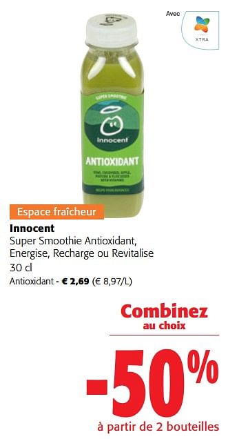 Promotions Innocent super smoothie antioxidant, energise, recharge ou revitalise - Innocent - Valide de 22/05/2024 à 04/06/2024 chez Colruyt