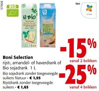 Promoties Boni selection rijst-, amandel- of haverdrank of bio sojadrank - Boni - Geldig van 22/05/2024 tot 04/06/2024 bij Colruyt