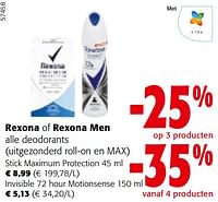 Promoties Rexona of rexona men alle deodorants - Rexona - Geldig van 22/05/2024 tot 04/06/2024 bij Colruyt