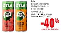 Promotions Zyla boisson énergisante vitality red fruits ou boost tropical canette - zyla - Valide de 22/05/2024 à 04/06/2024 chez Colruyt